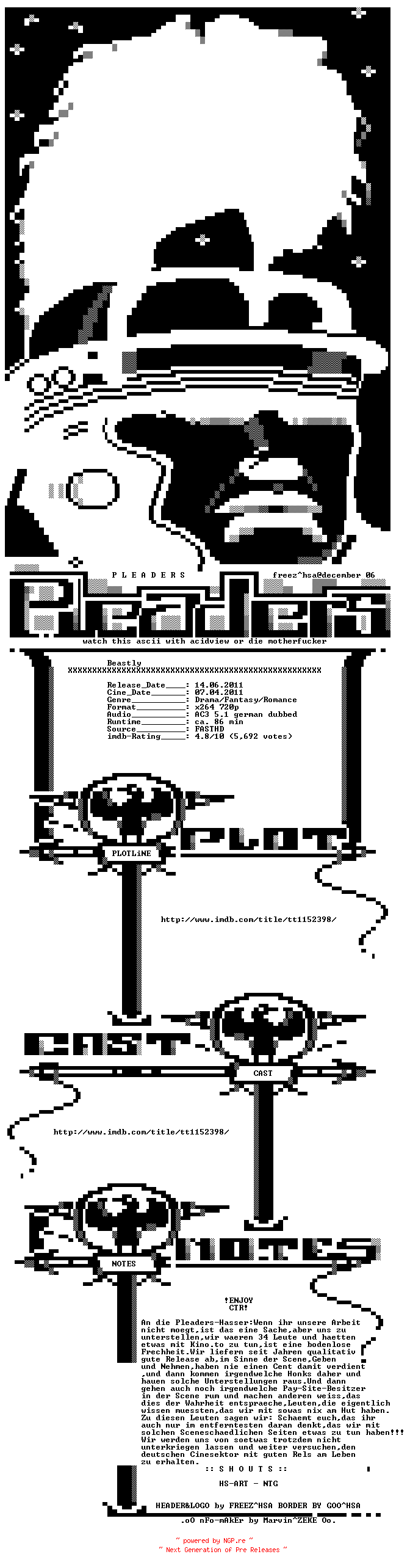 NFO for the release Beastly.German.AC3.Dubbed.720p.BluRay.x264.READ.NFO.iNTERNAL-Pleaders by Pleaders