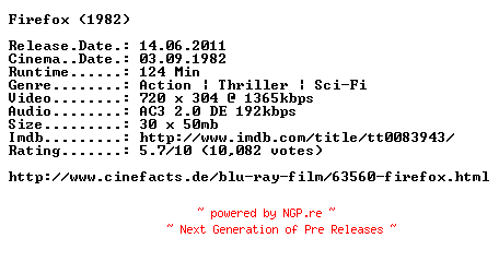 NFO for the release Firefox.German.1982.AC3.BDRip.XviD.INTERNAL-ARC by ARC