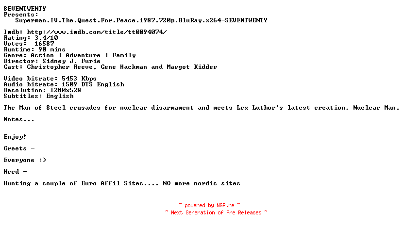 NFO for the release Superman.IV.The.Quest.For.Peace.1987.720p.BluRay.x264-SEVENTWENTY by SEVENTWENTY