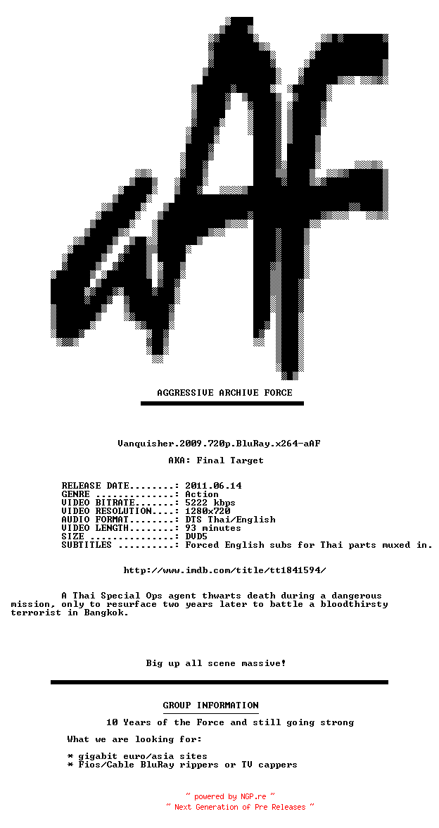 NFO for the release Vanquisher.2009.720p.BluRay.x264-aAF by aAF
