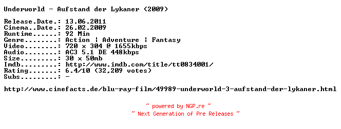 NFO for the release Underworld.Aufstand.der.Lykaner.German.2009.AC3.BDRip.XviD.INTERNAL-ARC by ARC