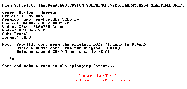 NFO for the release High.School.Of.The.Dead.E08.CUSTOM.SUBFRENCH.720p.BLURAY.X264-SLEEPINGFOREST by SLEEPINGFOREST