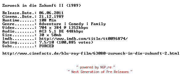 NFO for the release Zurueck.in.die.Zukunft.2.German.1989.AC3.BDRip.XviD.INTERNAL-ARC by ARC