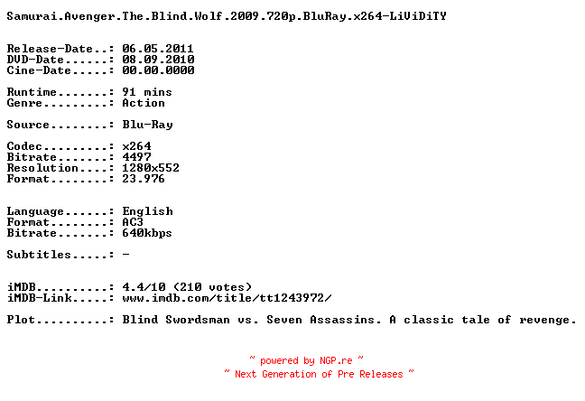 NFO for the release Samurai.Avenger.The.Blind.Wolf.2009.720p.BluRay.x264-LiViDiTY by LiViDiTY