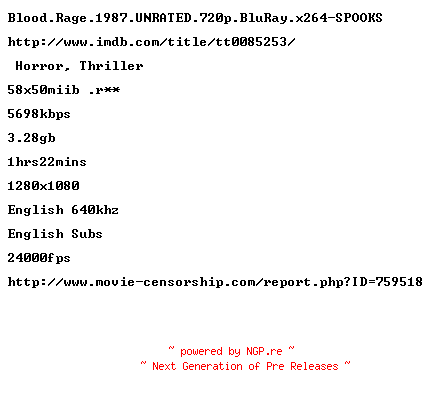 NFO for the release Blood.Rage.1987.UNRATED.720p.BluRay.x264-SPOOKS by SPOOKS