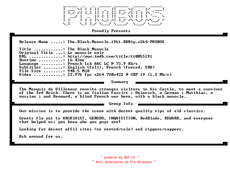 NFO for the release The.Black.Monocle.1961.BDRip.x264-PHOBOS by PHOBOS