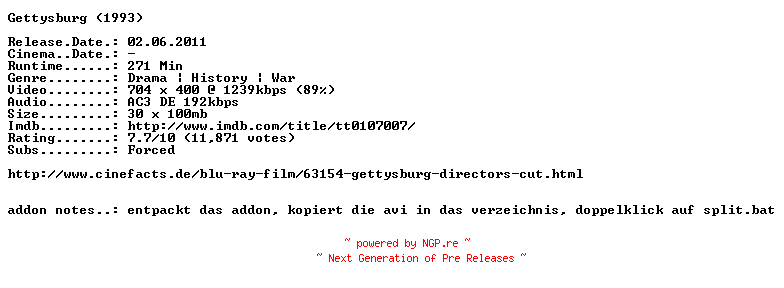 NFO for the release Gettysburg.German.1993.AC3.BDRip.XviD.INTERNAL-ARC by ARC