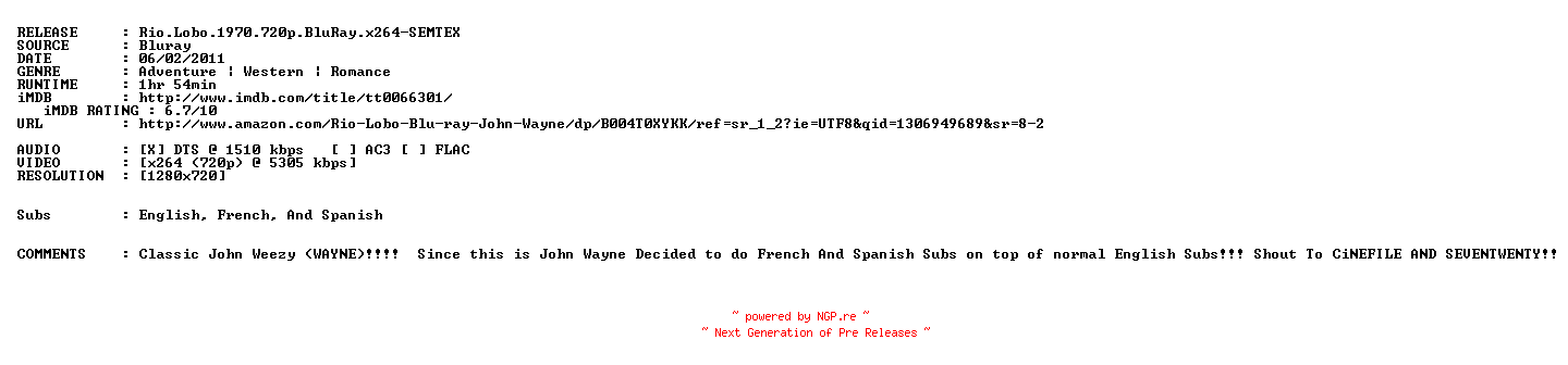 NFO for the release Rio.Lobo.1970.720p.BluRay.x264-SEMTEX by SEMTEX