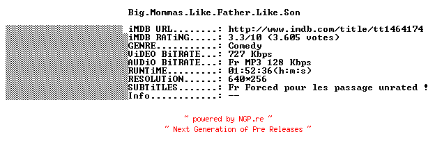 NFO for the release Big.Mommas.Like.Father.Like.Son.2011.FRENCH.BDRiP.XViD-THENiGHTMARE by THENiGHTMARE