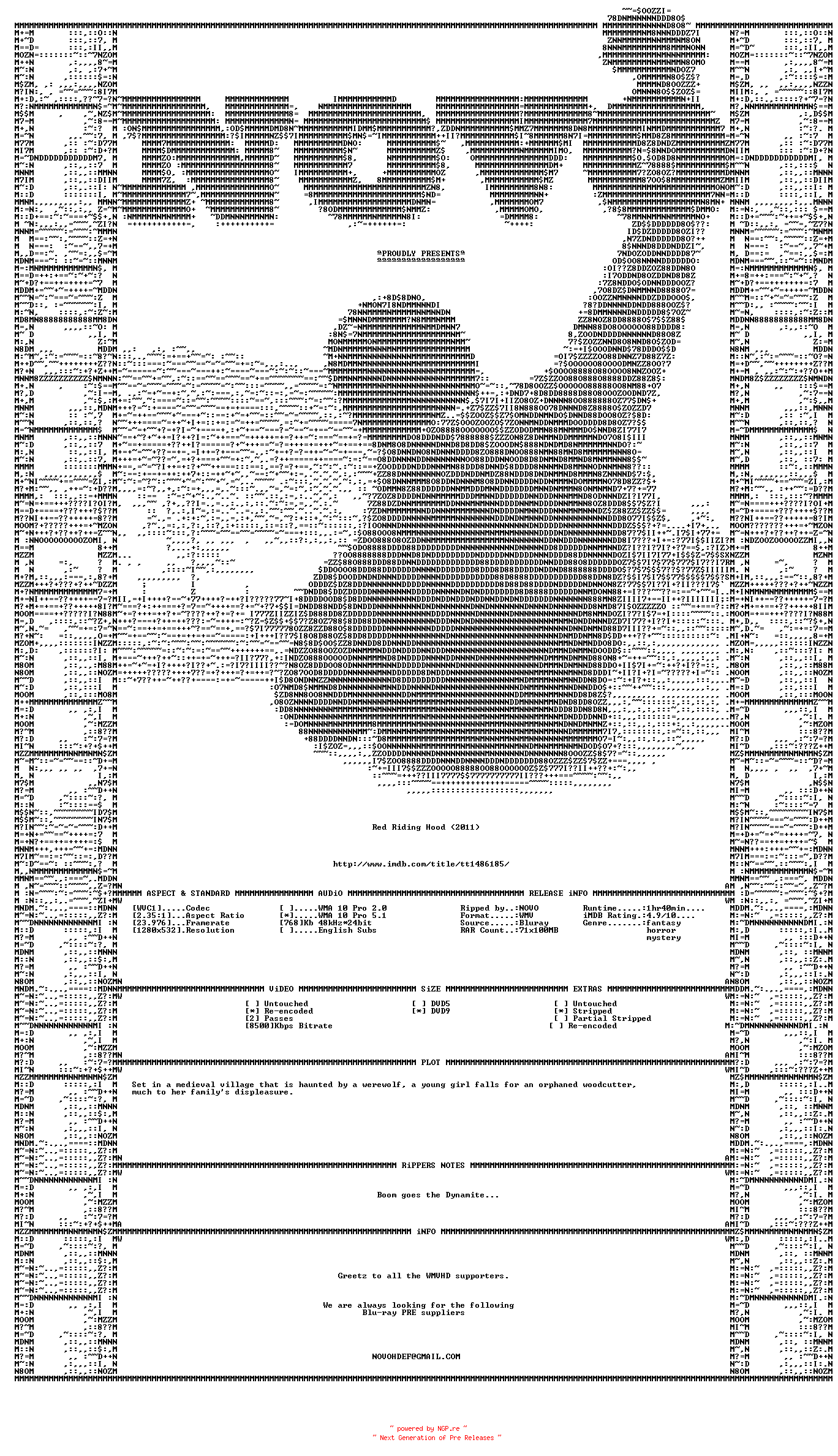 NFO for the release Red.Riding.Hood.2011.Bluray.VC1.720P.5.1.WMV-NOVO by NOVO