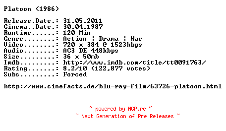 NFO for the release Platoon.German.1986.AC3.BDRip.XviD.INTERNAL-ARC by ARC