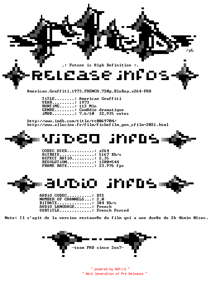 NFO for the release American.Graffiti.1973.FRENCH.720p.BluRay.x264-FHD by FHD
