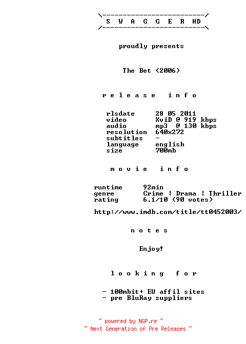 NFO for the release The.Bet.2006.BDRip.XviD-SWAGGER by SWAGGER