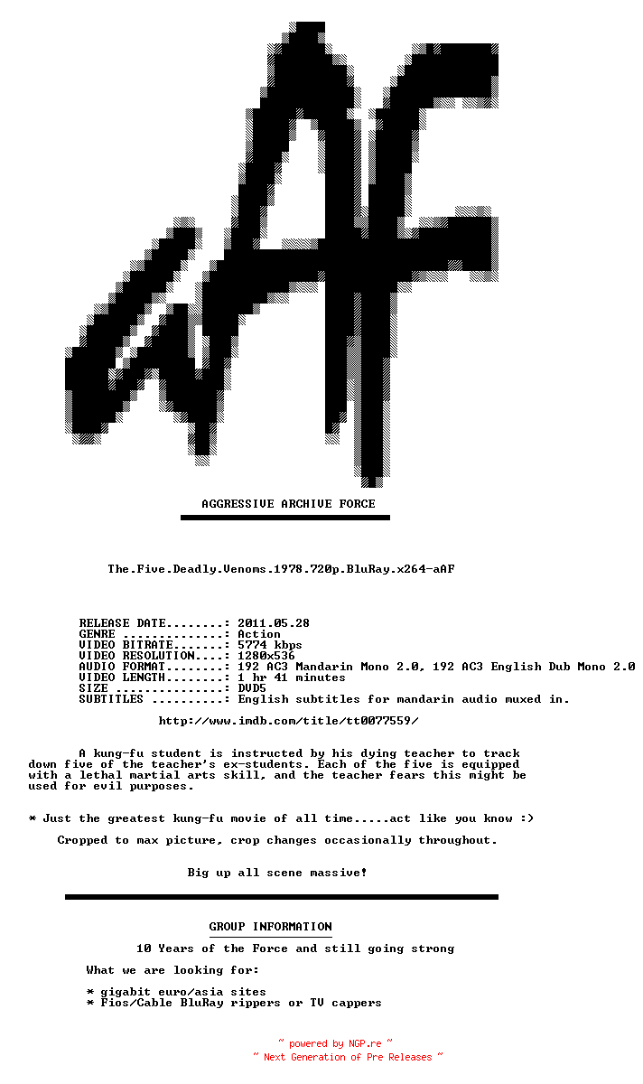 NFO for the release The.Five.Deadly.Venoms.1978.720p.BluRay.x264-aAF by aAF
