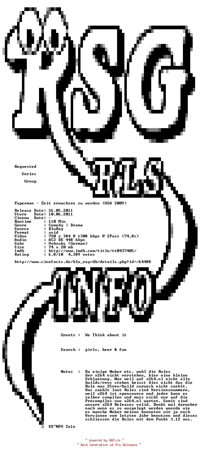 NFO for the release Paper.Man.Zeit.erwachsen.zu.werden.German.2009.AC3.READ.NFO.BDRip.XviD-RSG by RSG