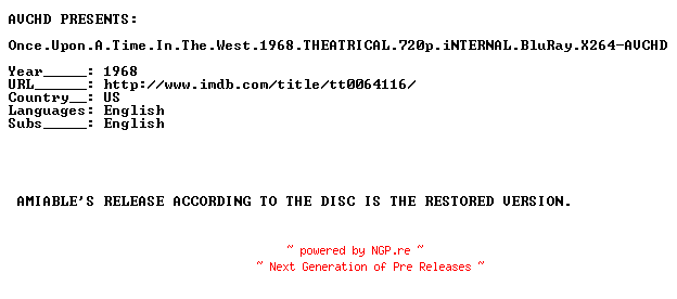 NFO for the release Once.Upon.A.Time.In.The.West.1968.THEATRICAL.720p.iNTERNAL.BluRay.X264-AVCHD by AVCHD