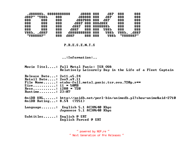 NFO for the release Full.Metal.Panic.The.Second.Raid.OVA.A.Relatively.LeisureIy.Day.in.the.Life.of.a.FIeet.Captain.720p.Bluray.x264-OTAKU by OTAKU