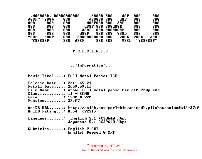 NFO for the release Full.Metal.Panic.The.Second.Raid.E10.Two.Hong.Kongs.720p.Bluray.x264-OTAKU by OTAKU