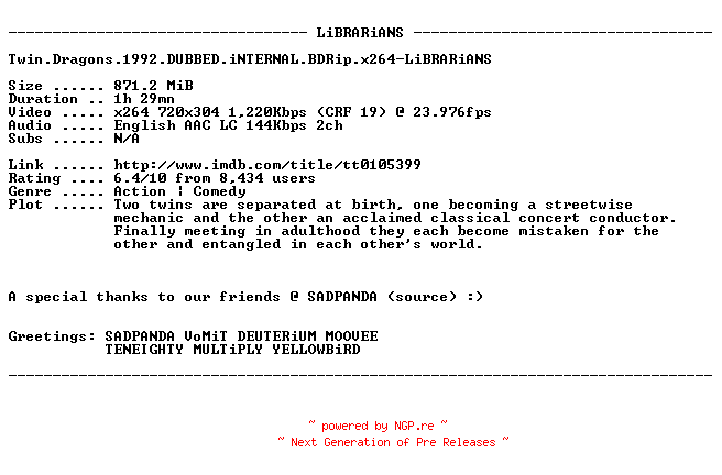 NFO for the release Twin.Dragons.1992.DUBBED.iNTERNAL.BDRip.x264-LiBRARiANS by LiBRARiANS