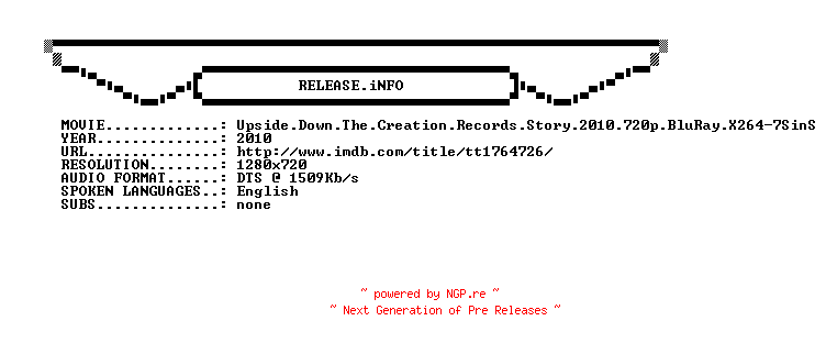 NFO for the release Upside.Down.The.Creation.Records.Story.2010.720p.BluRay.X264-7SinS by 7SinS