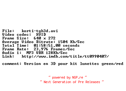 NFO for the release The.Green.Hornet.3D.2010.TRUEFRENCH.BDRiP.XViD-KORTI by KORTI