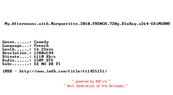 NFO for the release My.Afternoons.with.Margueritte.2010.FRENCH.720p.BluRay.x264-SAiMORNY by SAiMORNY