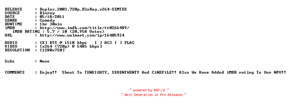 NFO for the release Duplex.2003.720p.BluRay.x264-SEMTEX by SEMTEX