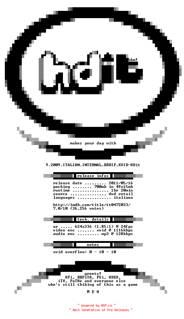 NFO for the release 9.2009.ITALIAN.INTERNAL.BDRIP.XVID-HDit by HDit