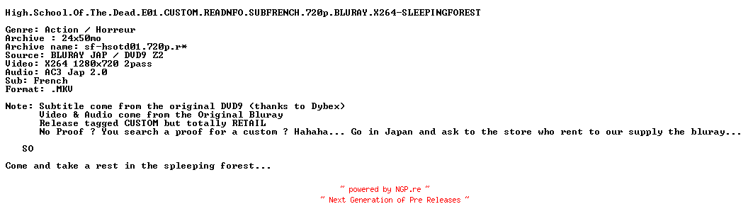 NFO for the release High.School.Of.The.Dead.E01.CUSTOM.READNFO.SUBFRENCH.720p.BLURAY.X264-SLEEPINGFOREST by SLEEPINGFOREST