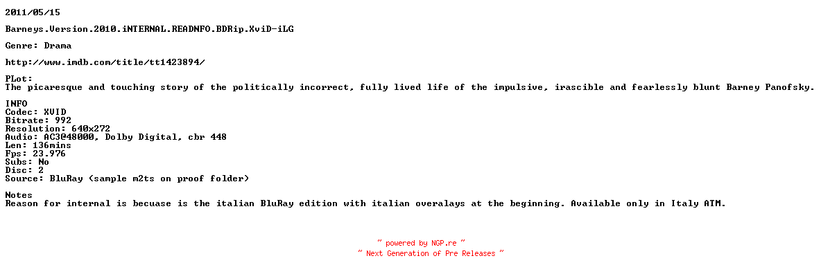NFO for the release Barneys.Version.2010.iNTERNAL.READNFO.BDRip.XviD-iLG by iLG
