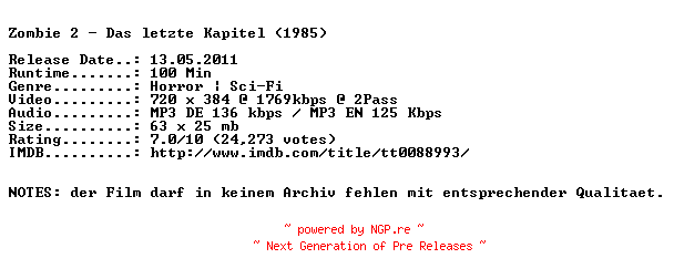 NFO for the release Zombie.2.Day.of.the.Dead.German.1985.DL.BDRip.XviD-NQD by NQD