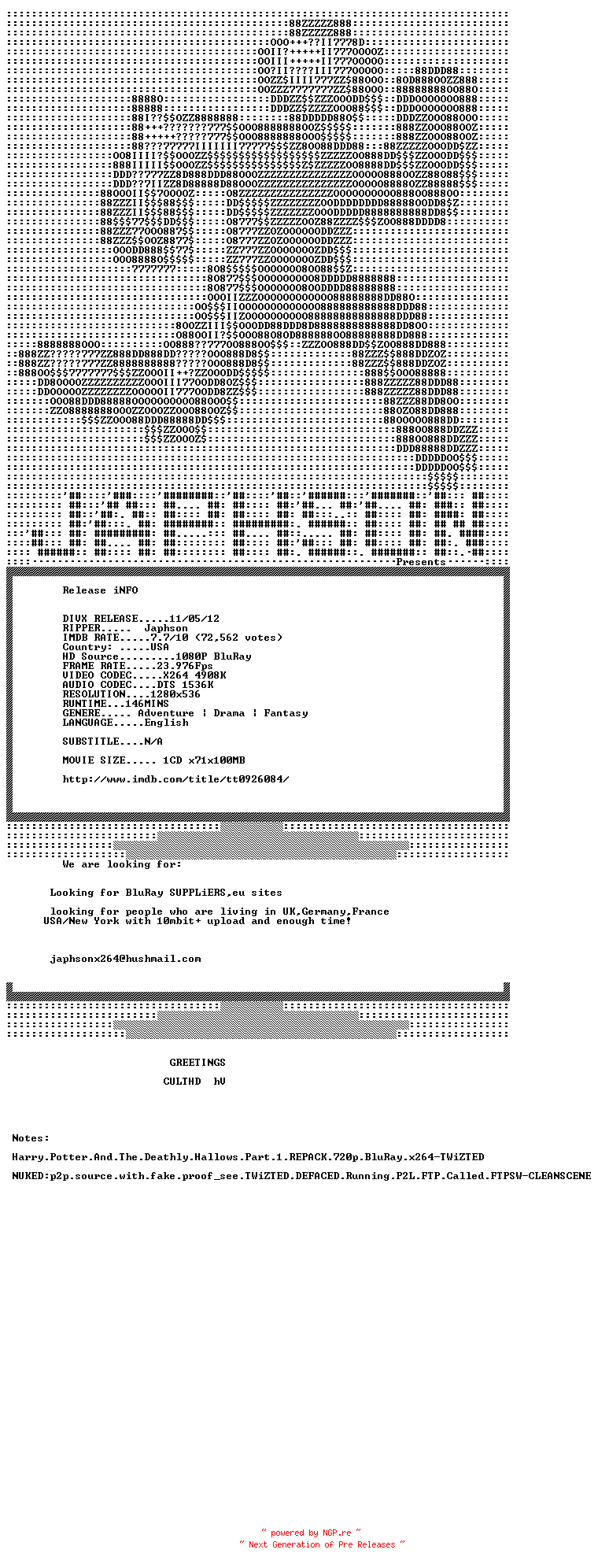 NFO for the release Harry.Potter.And.The.Deathly.Hallows.Part.1.2010.PROPER.720p.BluRay.x264-Japhson by Japhson