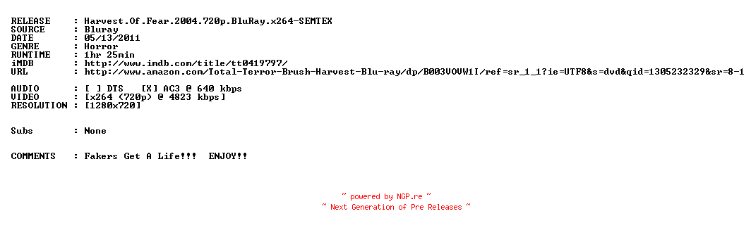 NFO for the release Harvest.Of.Fear.2004.720p.BluRay.x264-SEMTEX by SEMTEX