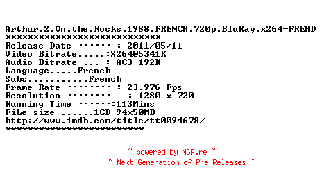 NFO for the release Arthur.2.On.the.Rocks.1988.FRENCH.720p.BluRay.x264-FREHD by FREHD
