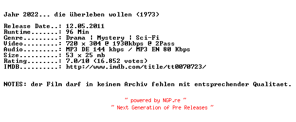 NFO for the release Soylent.Green.2022.die.ueberleben.wollen.German.1973.DL.BDRip.XviD-NQD by NQD