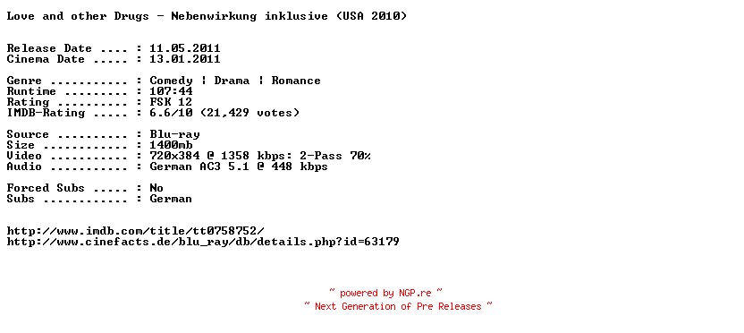 NFO for the release Love.and.other.Drugs.Nebenwirkung.inklusive.German.AC3.BDRip.XviD-EXQUiSiTE by EXQUiSiTE