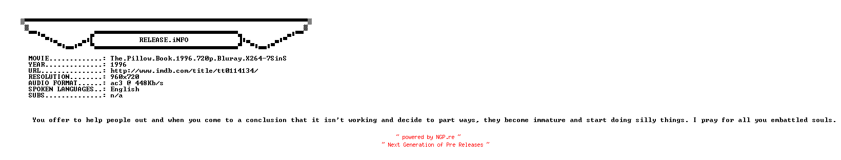 NFO for the release The.Pillow.Book.1996.720p.Bluray.X264-7SinS by 7SinS