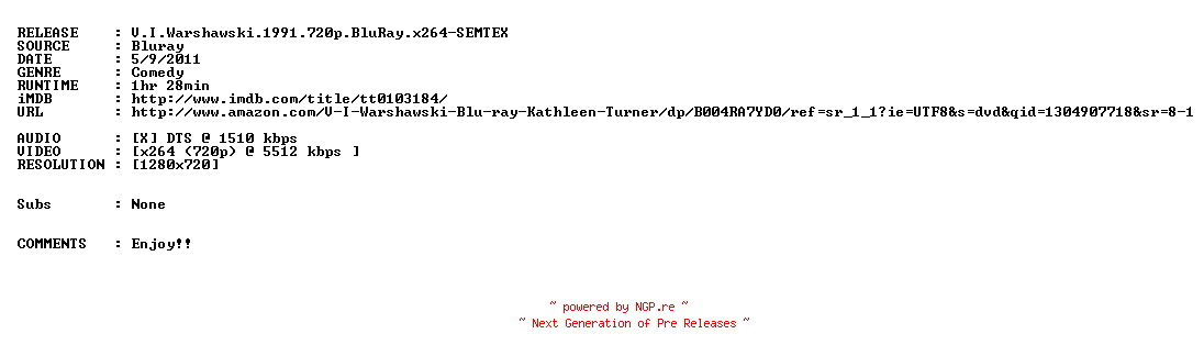 NFO for the release V.I.Warshawski.1991.720p.BluRay.x264-SEMTEX by SEMTEX