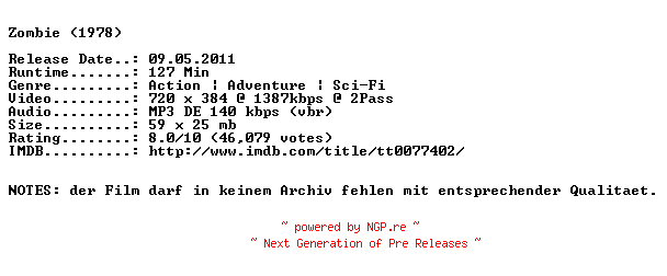 NFO for the release Zombie.1.Dawn.of.the.Dead.German.1978.BDRip.XviD-NQD by NQD