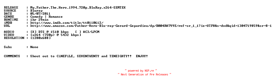 NFO for the release My.Father.The.Hero.1994.720p.BluRay.x264-SEMTEX by SEMTEX