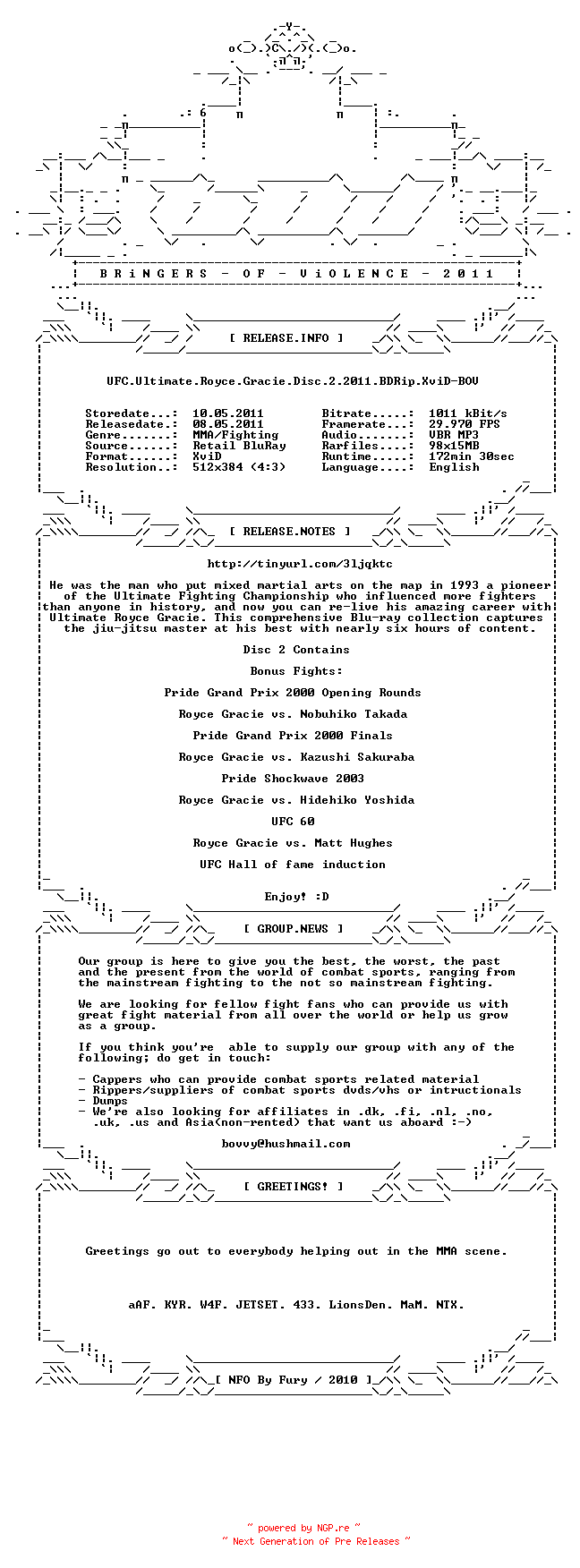 NFO for the release UFC.Ultimate.Royce.Gracie.Disc.2.2011.BDRip.XviD-BOV by BOV