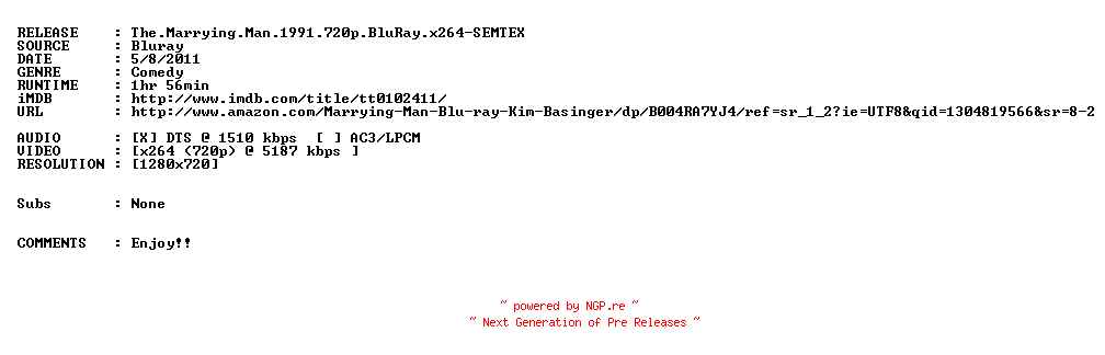 NFO for the release The.Marrying.Man.1991.720p.BluRay.x264-SEMTEX by SEMTEX