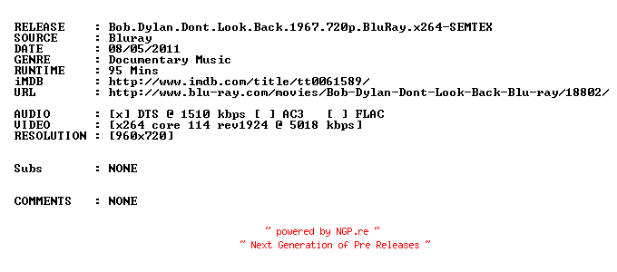 NFO for the release Bob.Dylan.Dont.Look.Back.1967.720p.BluRay.x264-SEMTEX by SEMTEX