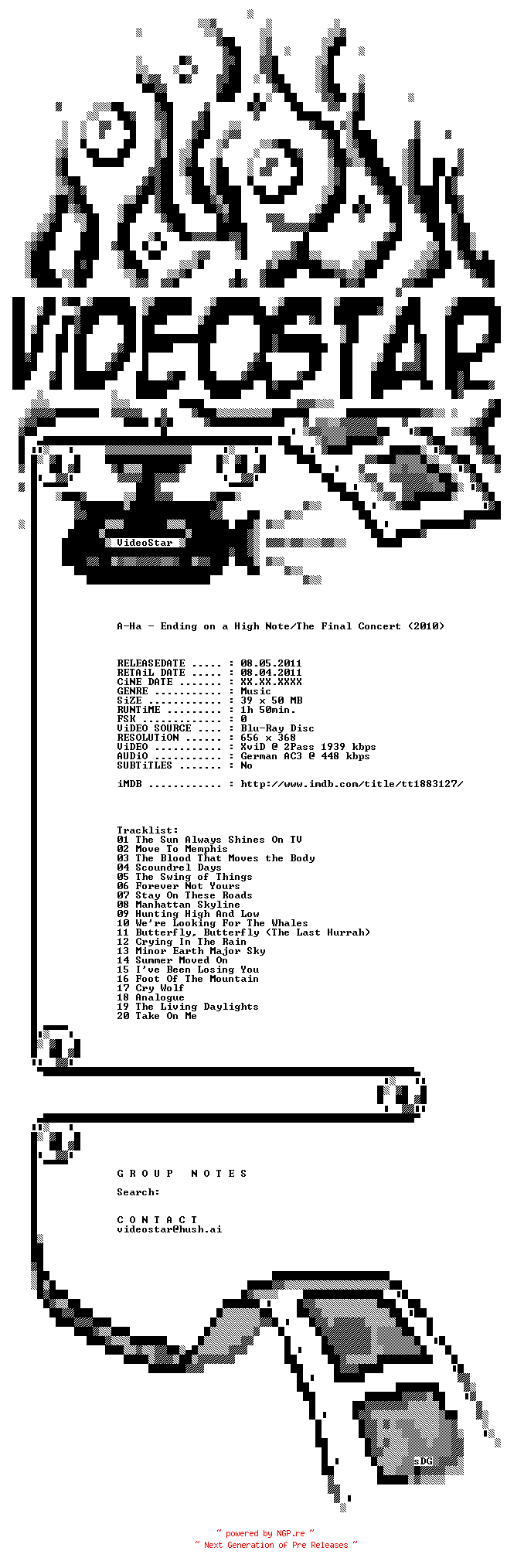 NFO for the release A-Ha.Ending.On.A.High.Note.The.Final.Concert.2010.AC3.BDRip.XviD.iNTERNAL-VideoStar by VideoStar