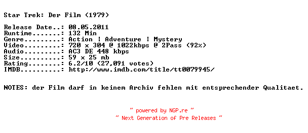 NFO for the release Star.Trek.Der.Film.German.1979.AC3.BDRip.XviD-NQD by NQD