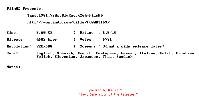 NFO for the release Taps.1981.720p.BluRay.x264-FilmHD by FilmHD