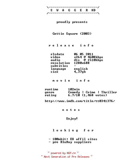 NFO for the release Gettin.Square.2003.720p.BluRay.x264-SWAGGERHD by SWAGGERHD