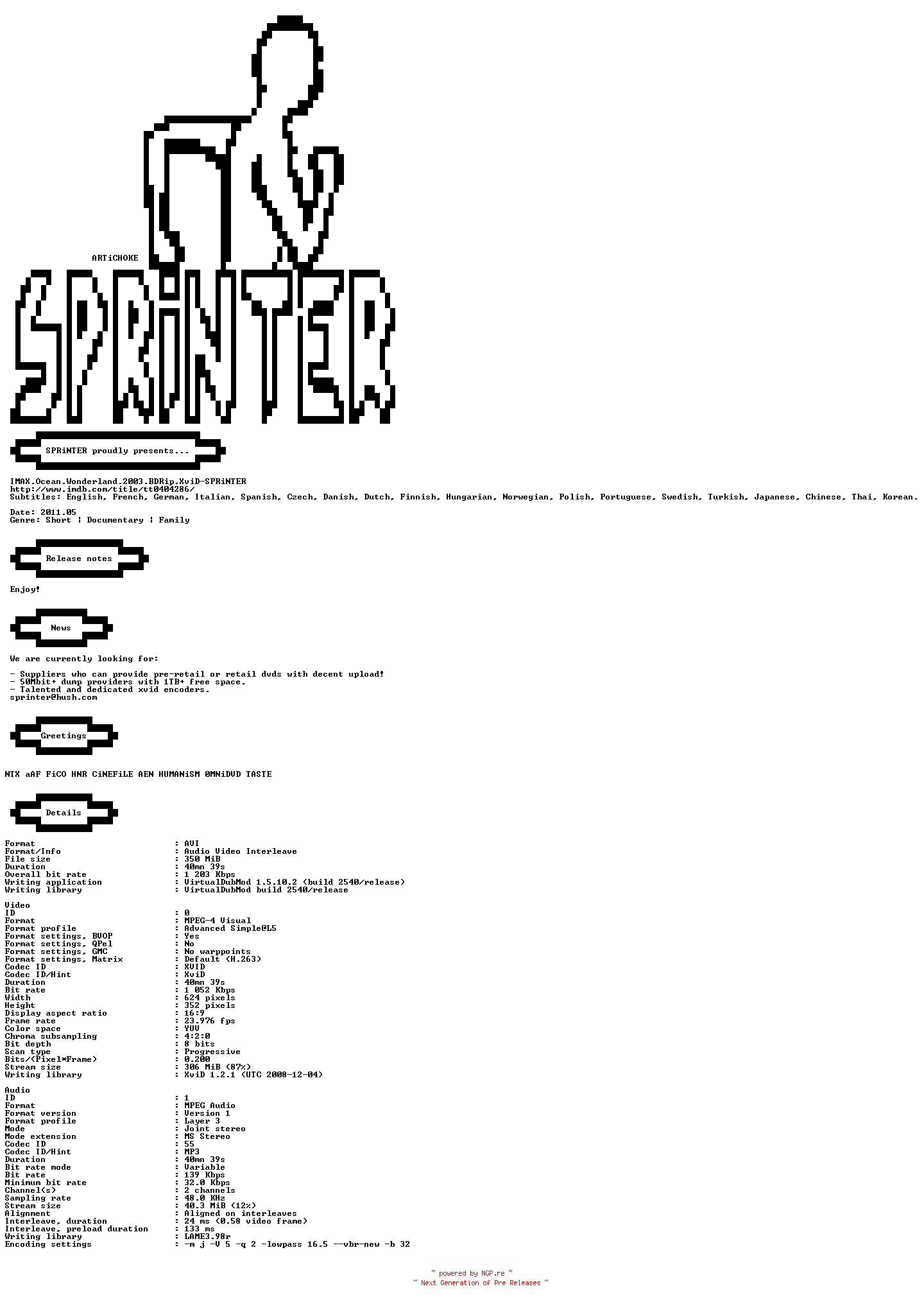 NFO for the release IMAX.Ocean.Wonderland.2003.BDRip.XviD-SPRiNTER by SPRiNTER