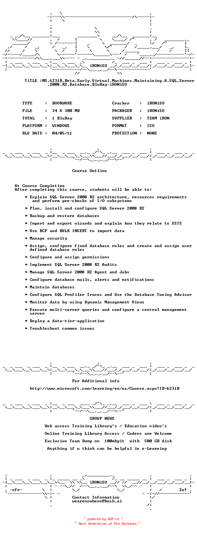 NFO for the release MS.6231B.Beta.Early.Virtual.Machines.Maintaining.A.SQL.Server.2008.R2.Database.BluRay-iRONiSO by iRONiSO