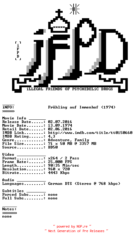 NFO for the release Fruehling.auf.Immenhof.1974.German.720p.BluRay.x264-iFPD by iFPD